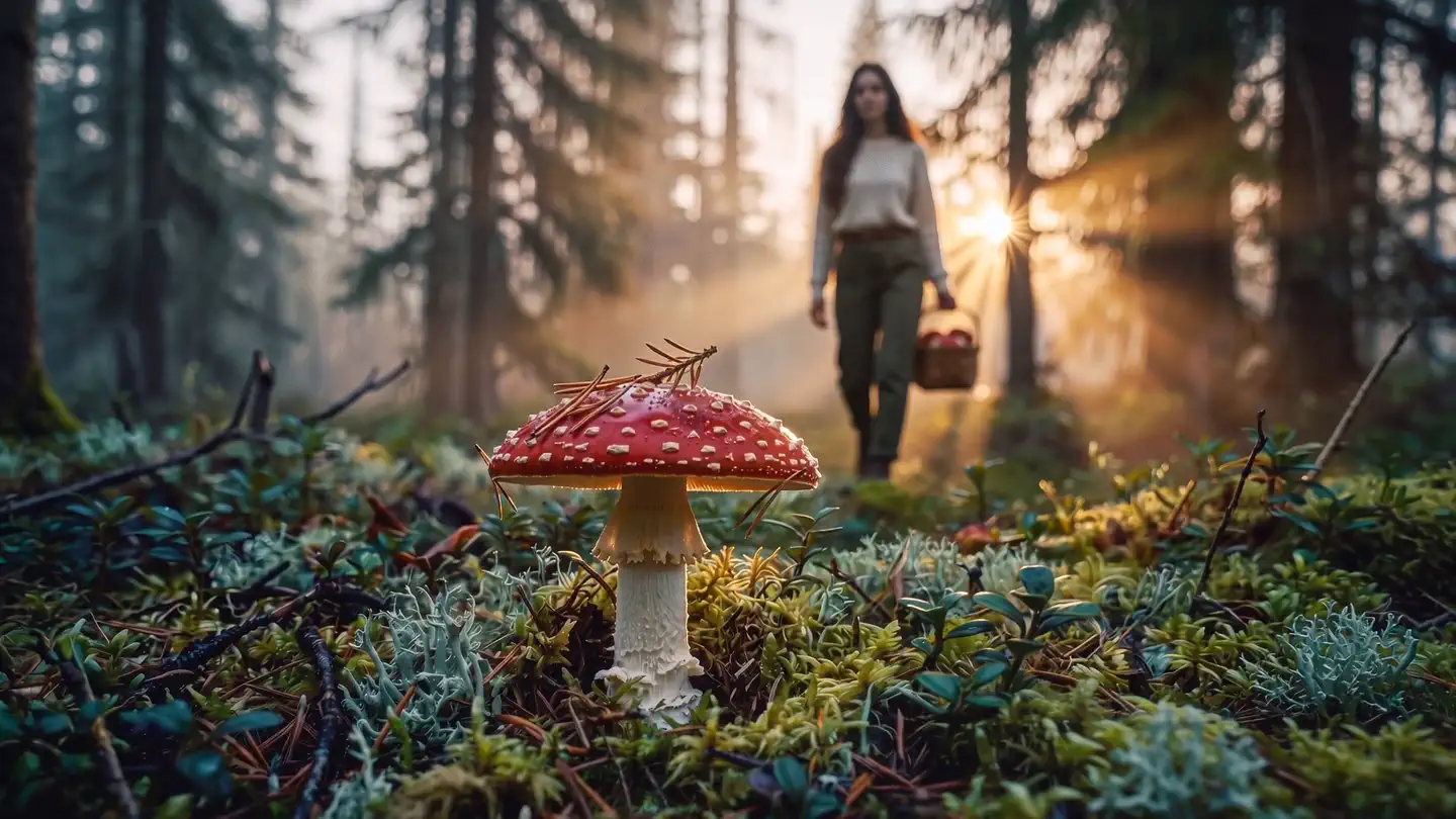 Still from the ShroomsBloom harvest film - mature wild fly agaric (Amanita muscaria) at dawn in the Coast Mountains of British Columbia