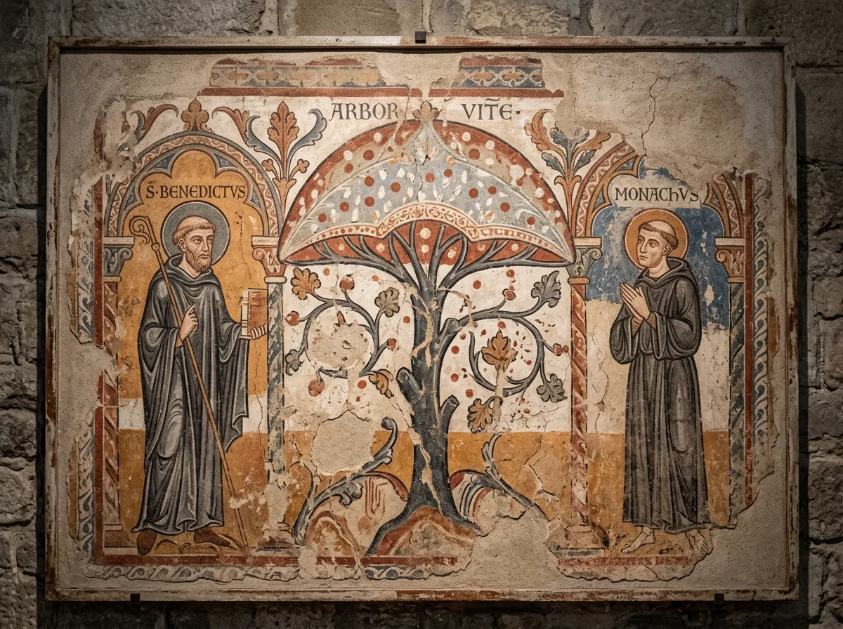 Romanesque fresco of an Arbor Vitae whose red canopy is flecked with white spots like a fly agaric cap, flanked by two robed monks