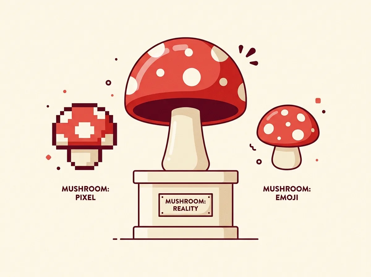 Editorial illustration comparing a real red fly agaric, a pixel-art game mushroom and the mushroom emoji