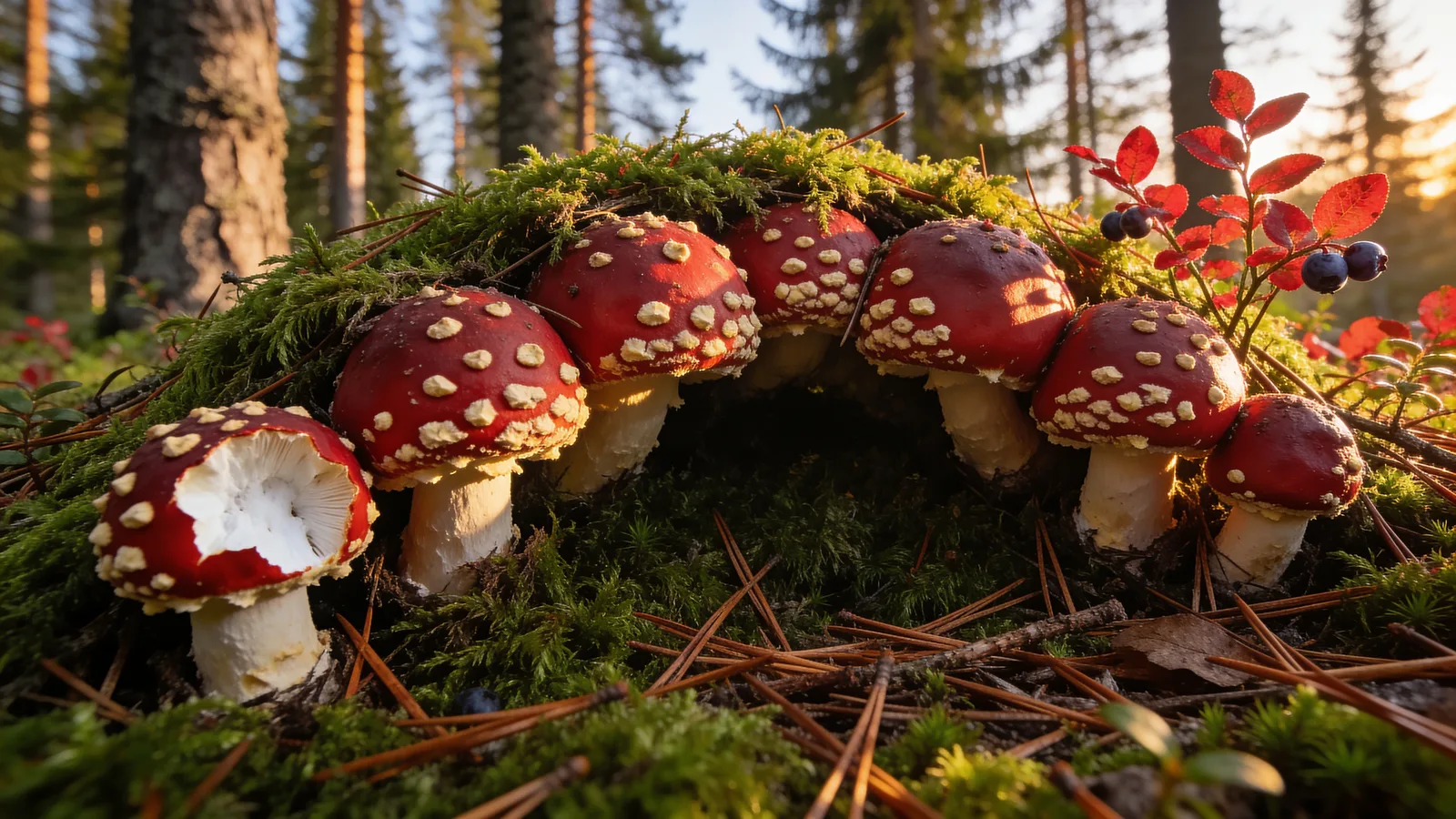 A group of wild Amanita muscaria mushrooms growing in deep moss in an old spruce forest, the same species sold as dried fly agaric caps in Canada