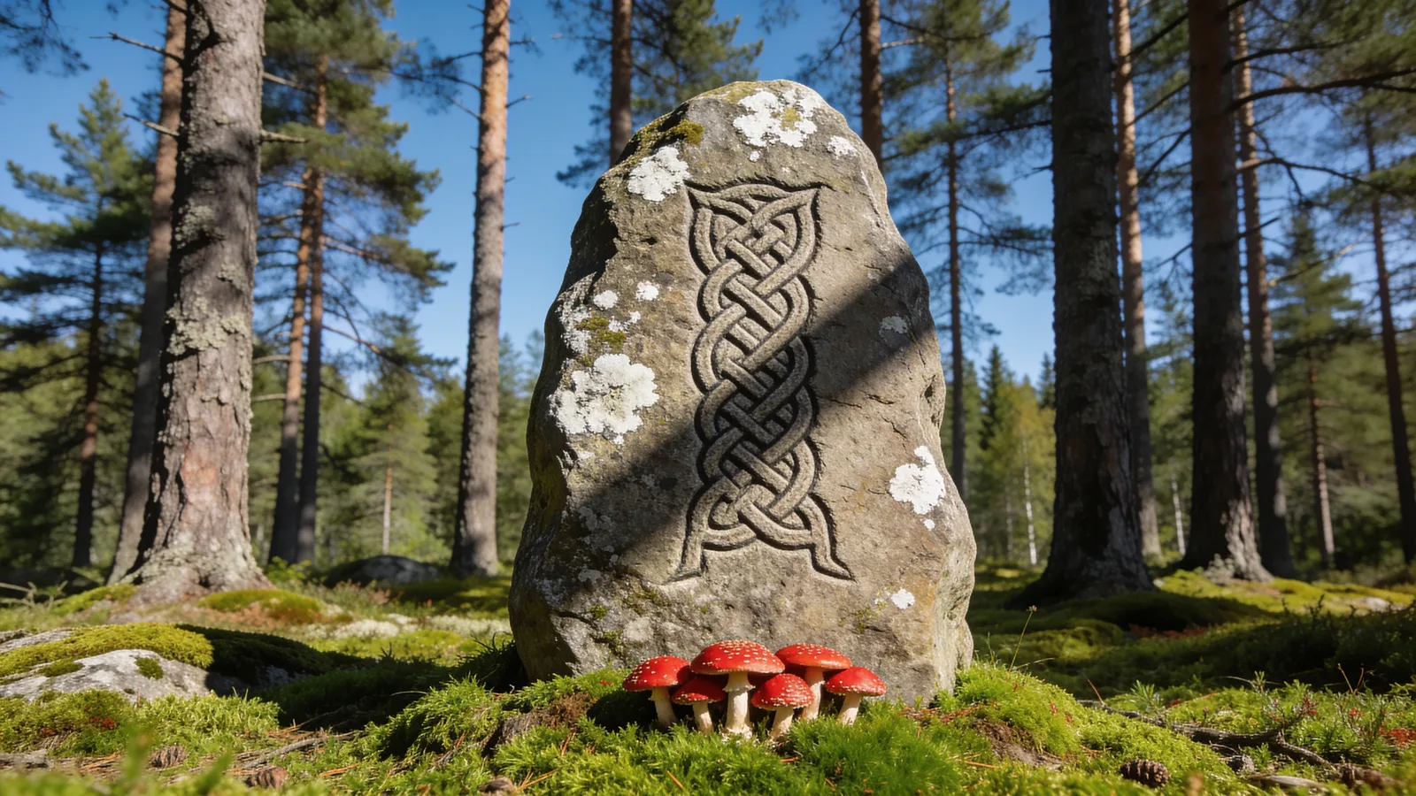 Dried fly agaric caps growing at the foot of a carved Norse rune stone in a mossy pine forest, wild Amanita muscaria of the kind ShroomsBloom dries in Canada