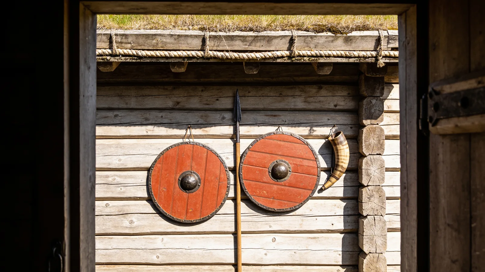 Painted round shields, a spear and a drinking horn on the timber wall of a reconstructed Norse longhouse