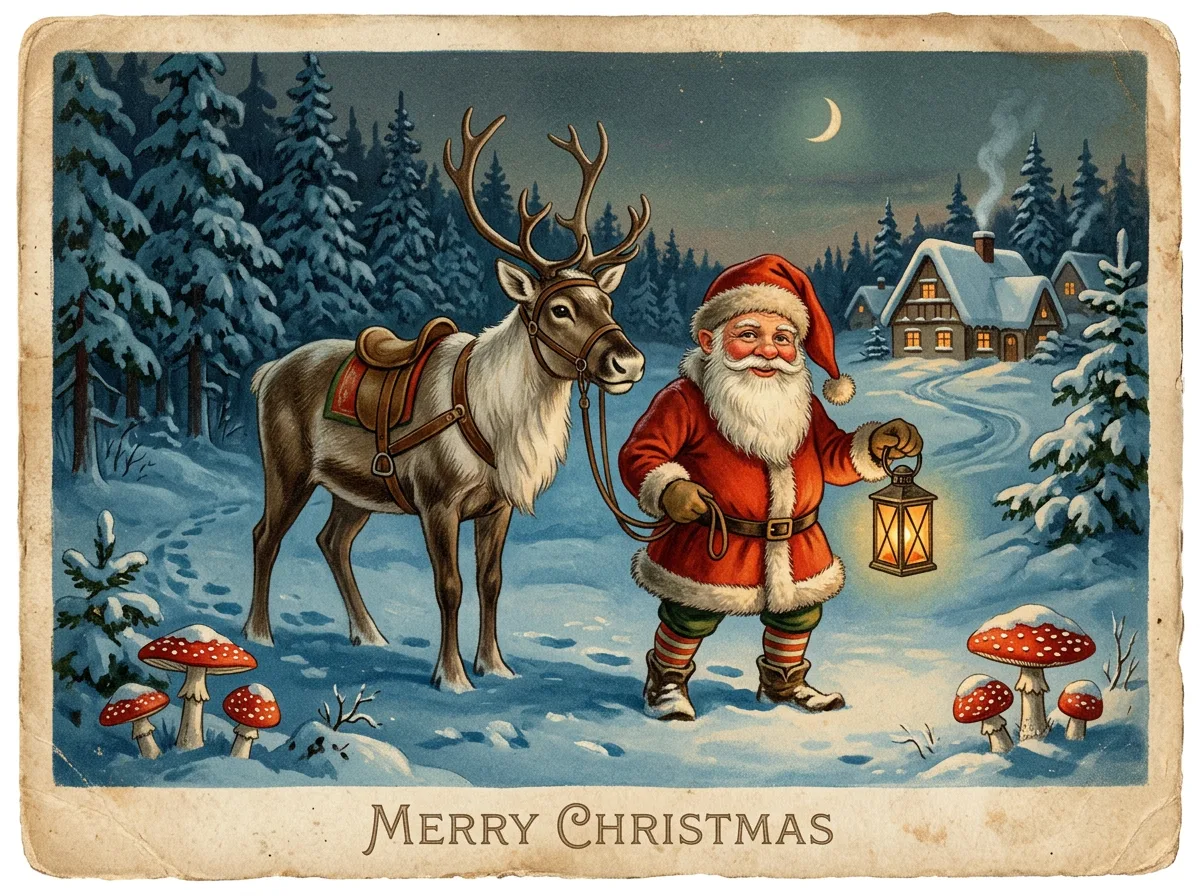 Vintage Christmas postcard style illustration, red-and-white gnome with a reindeer beside fly agaric mushrooms in snow