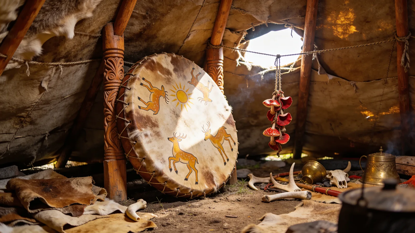 A painted reindeer-skin shaman drum and drying red fly agaric caps inside a Siberian tent