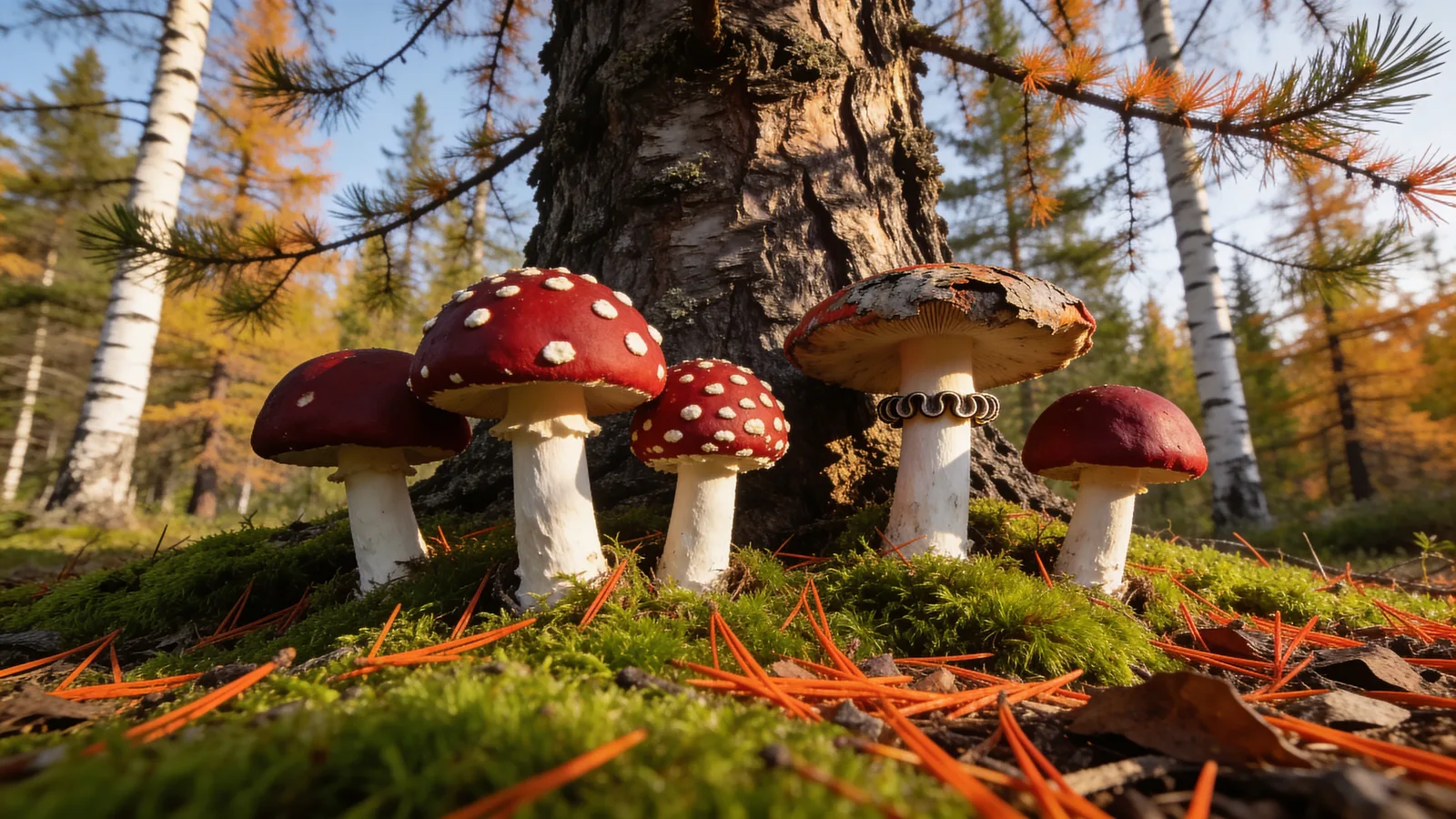 Wild Amanita muscaria growing in moss under larch in the autumn taiga, the same fly agaric species dried for collectors in Canada