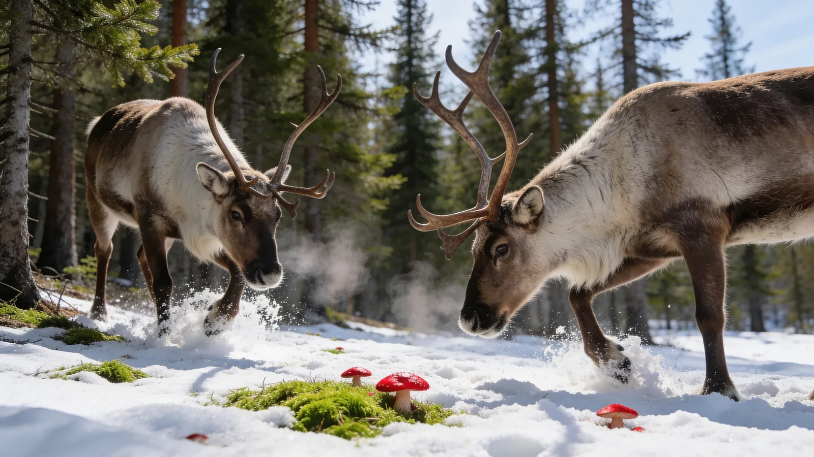 Reindeer digging through snow to reach red fly agaric mushrooms at the edge of the taiga, the wild Amanita muscaria we dry and sell in Canada