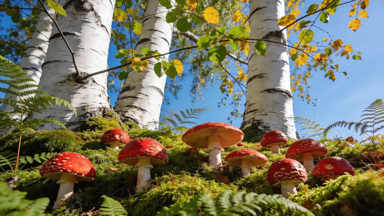 Wild fly agaric mushrooms scattered through moss in a bright birch grove, the Amanita muscaria known in Eastern Europe as мухомор