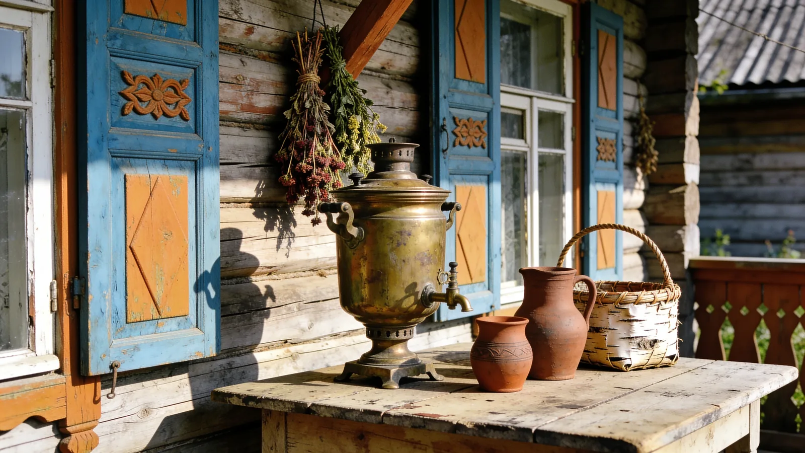 Drying herbs, a brass samovar and a birch-bark basket on the porch of an old wooden Slavic izba