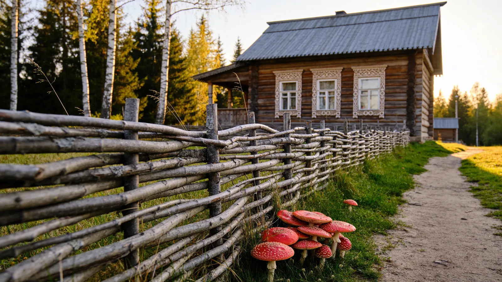 Red fly agaric mushrooms by a wattle fence at the edge of an old Slavic village, wild мухомор of the kind sold as dried Amanita muscaria caps in Canada