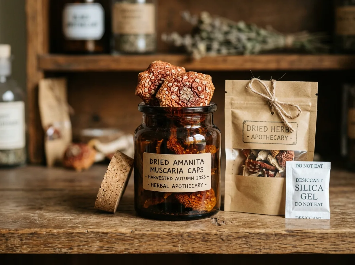 Dried Amanita muscaria caps in an amber jar and kraft pouch with a desiccant sachet on a wooden shelf