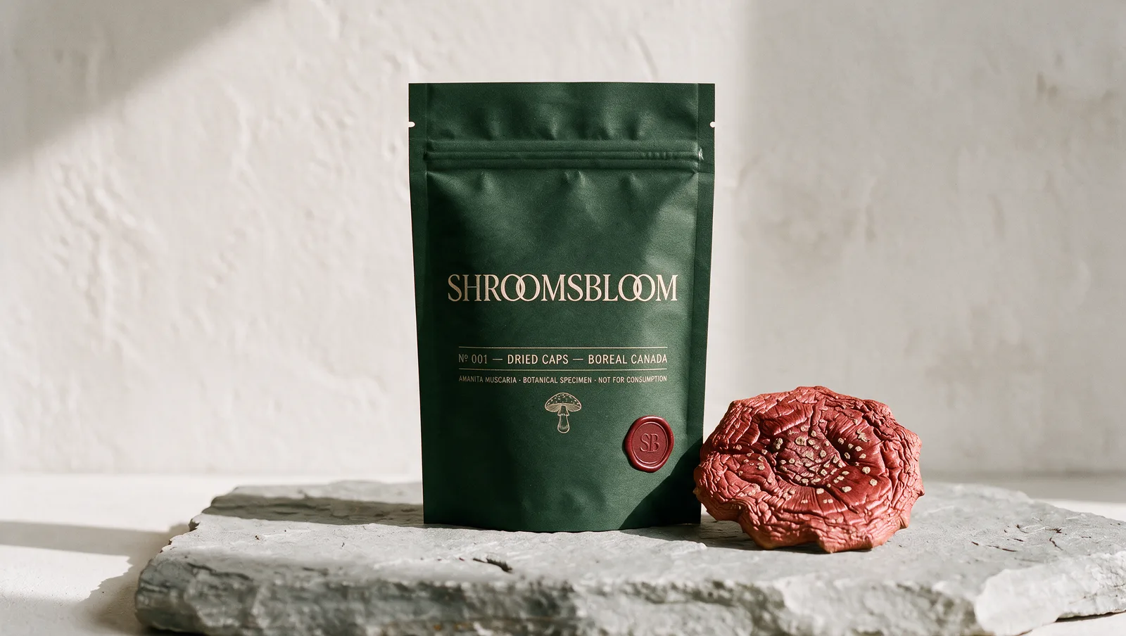 Dried Amanita muscaria caps in a sealed ShroomsBloom pouch - buy dried fly agaric online in Canada, specimen № 001