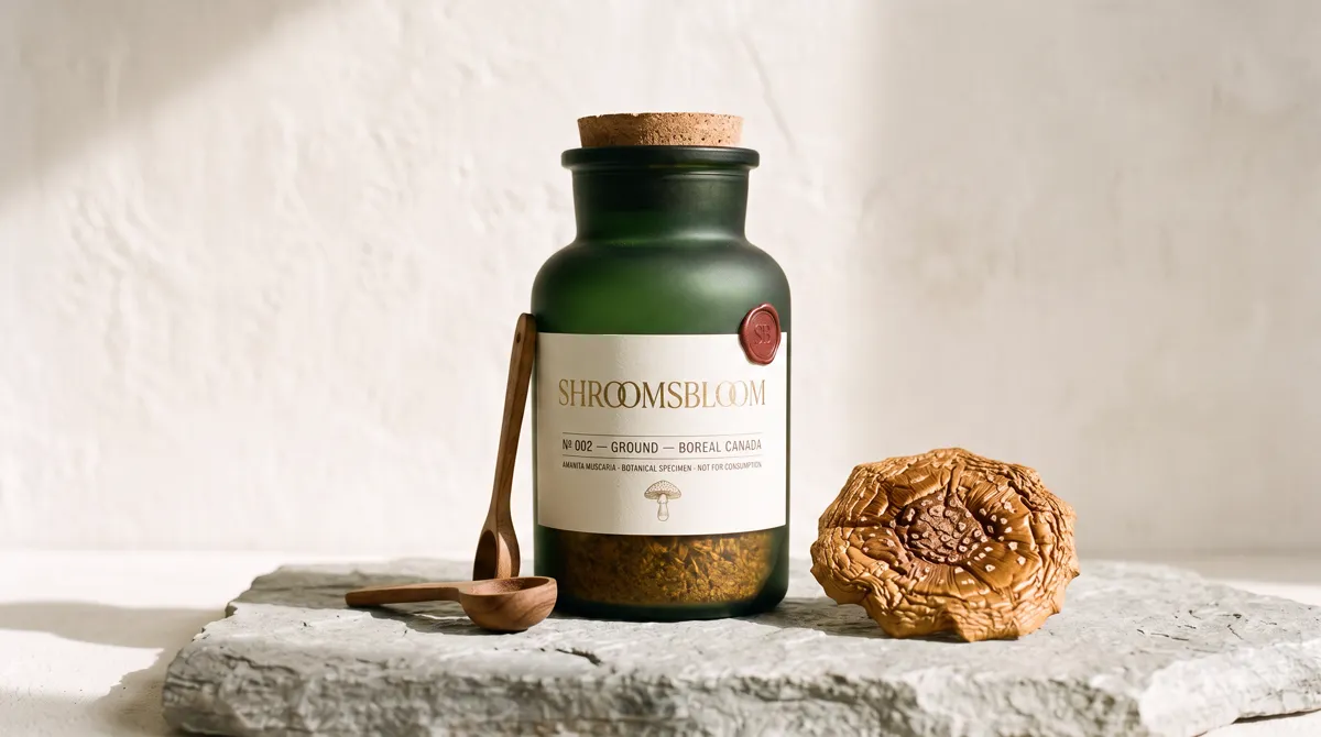 Stone-milled Amanita muscaria powder jar - buy fly agaric powder in Canada, single batch, ShroomsBloom № 002