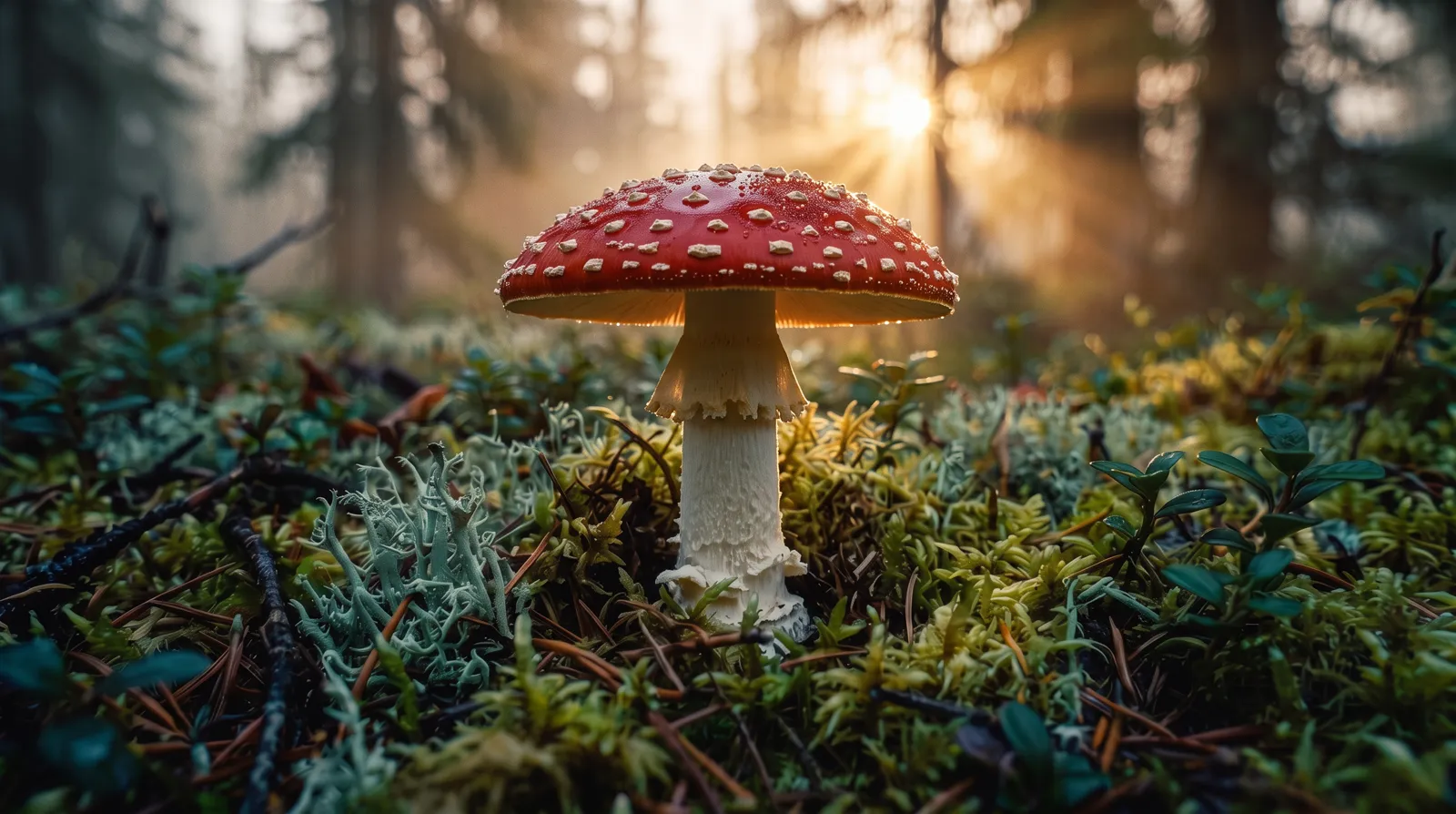 Mature wild Amanita muscaria (fly agaric) at dawn in the Coast Mountains of British Columbia, ShroomsBloom film still