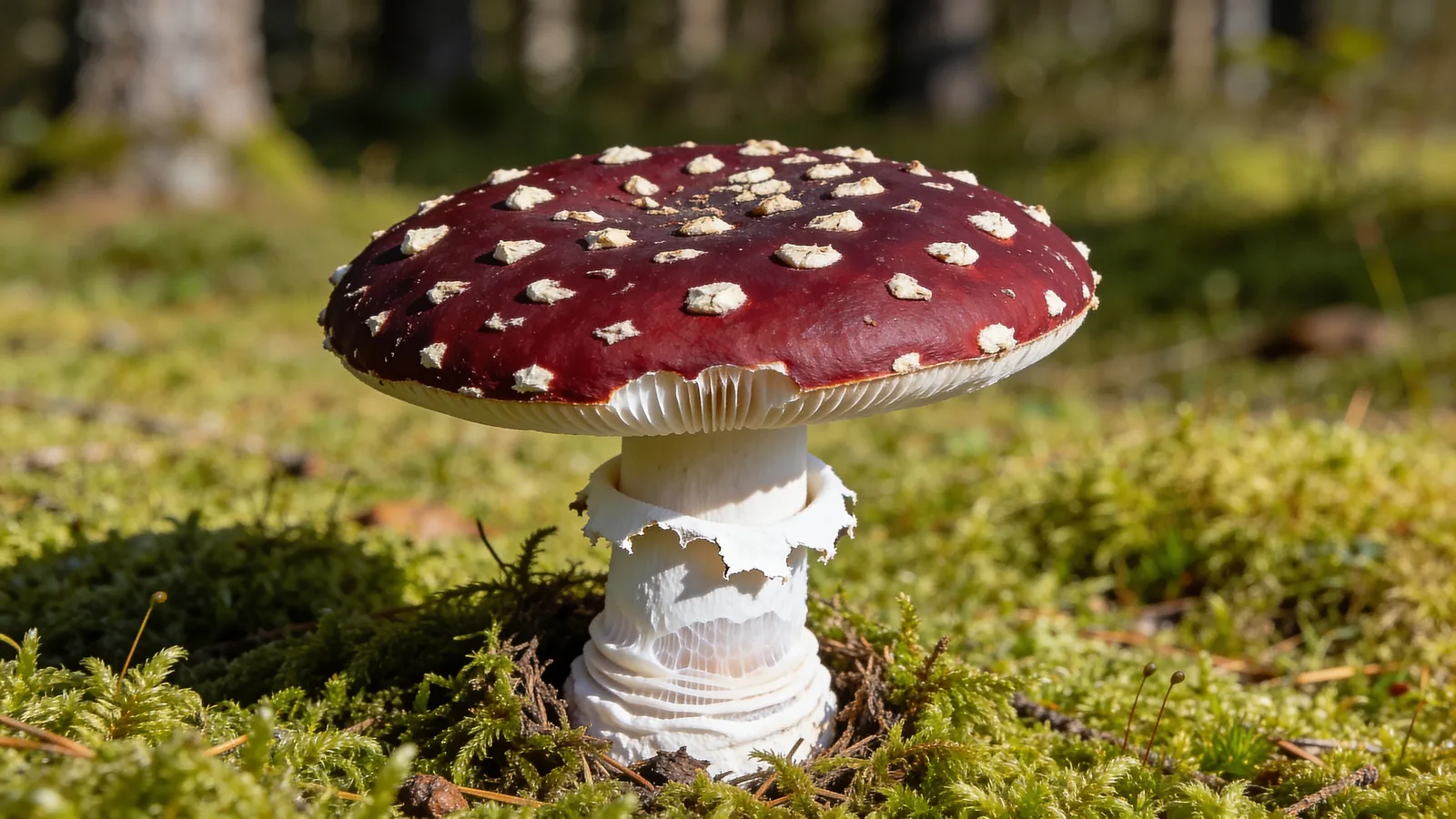 A whole wild Amanita muscaria showing its red warty cap, free white gills, skirt ring and banded bulbous base, the fly agaric sold as dried caps in Canada