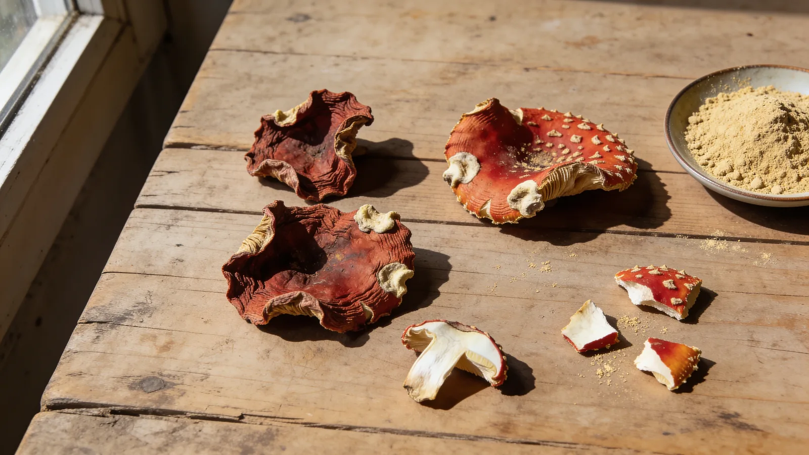 Dried Amanita muscaria caps and light ochre fly agaric powder on a wooden table, the two forms sold by ShroomsBloom in Canada