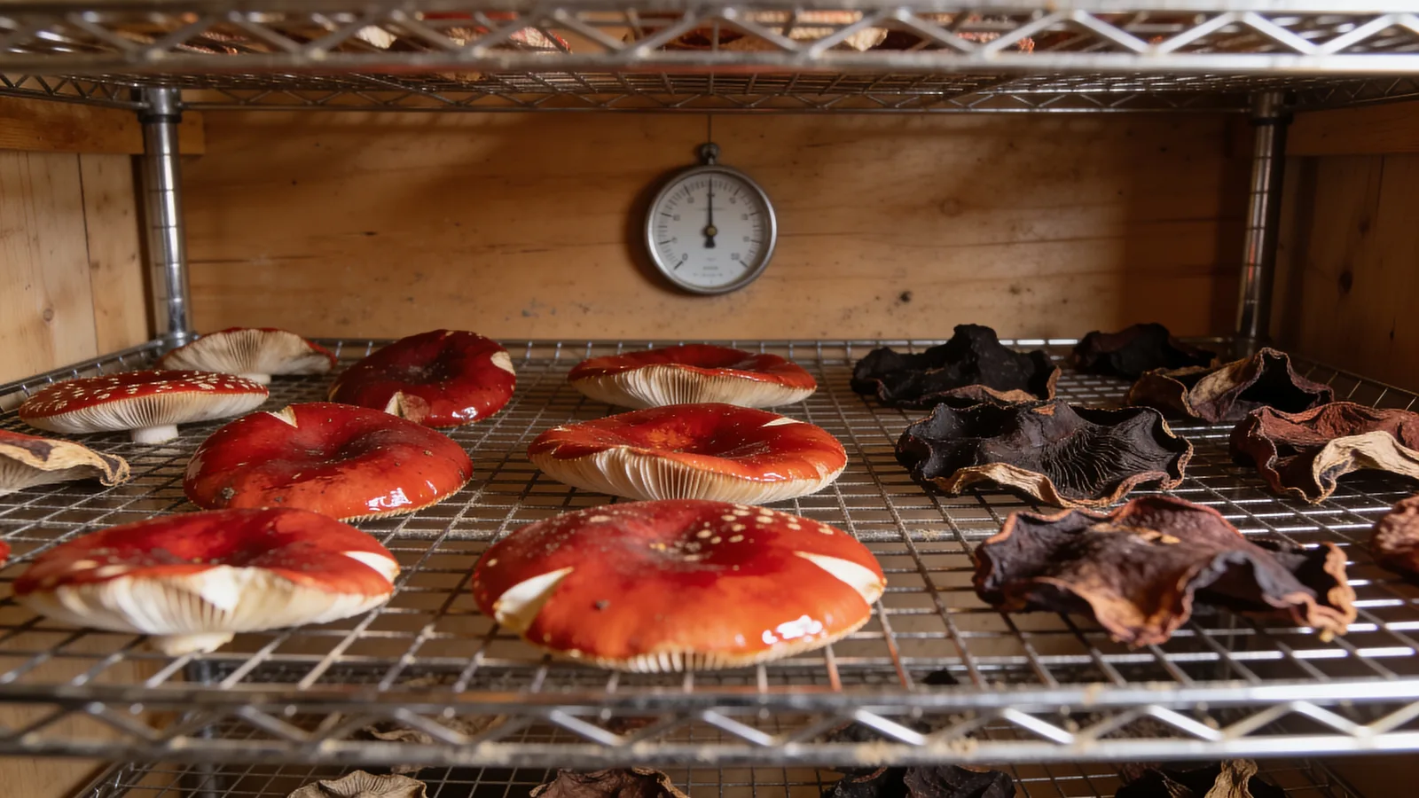 Fly agaric caps at three stages of drying on a mesh rack, the process behind ShroomsBloom dried Amanita muscaria caps