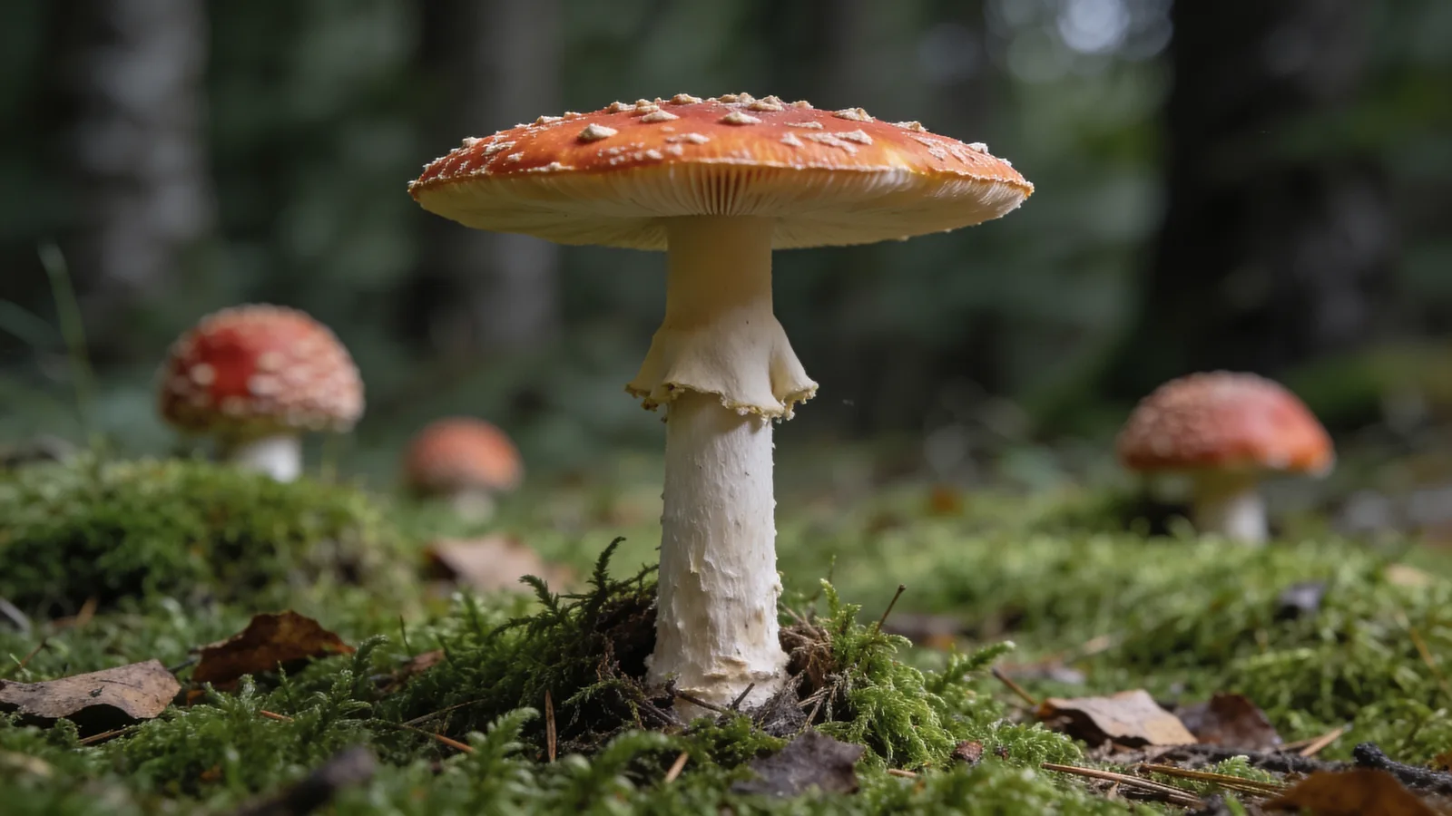 A single wild fly agaric left standing in undisturbed moss, the picking ethic behind ShroomsBloom dried Amanita muscaria