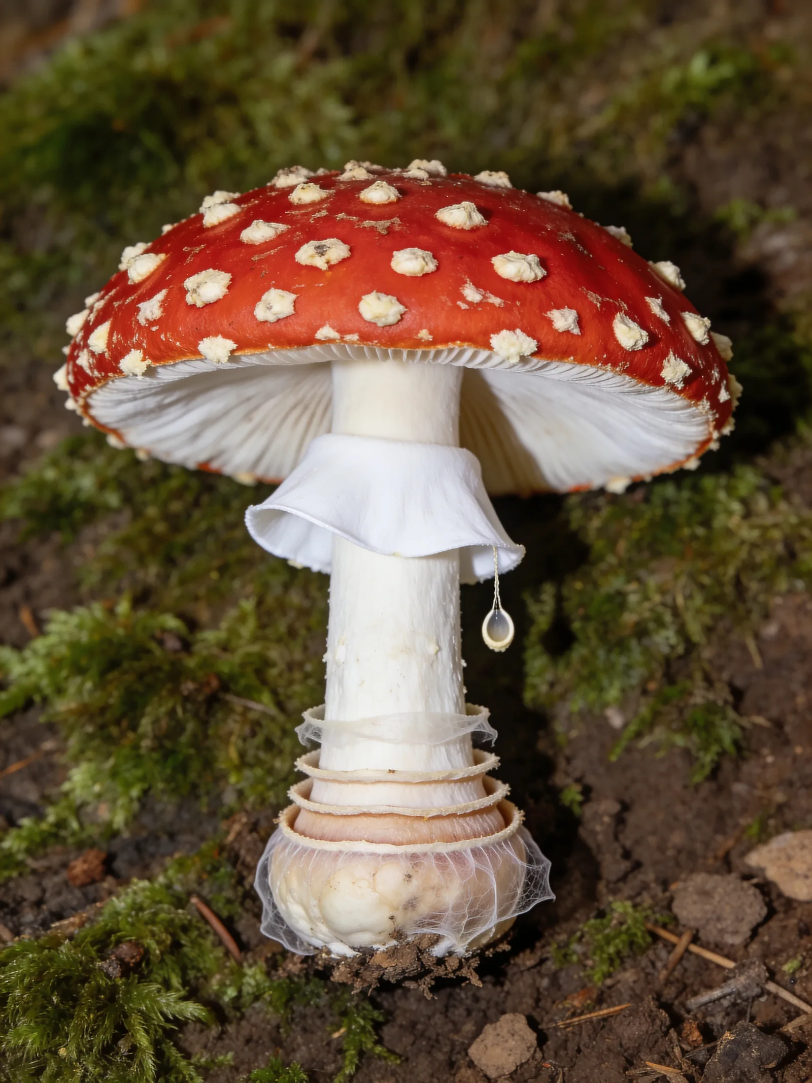 Whole Amanita muscaria specimen showing a warty red cap and a bulb ringed with bands at the base, the fly agaric sold as dried caps in Canada