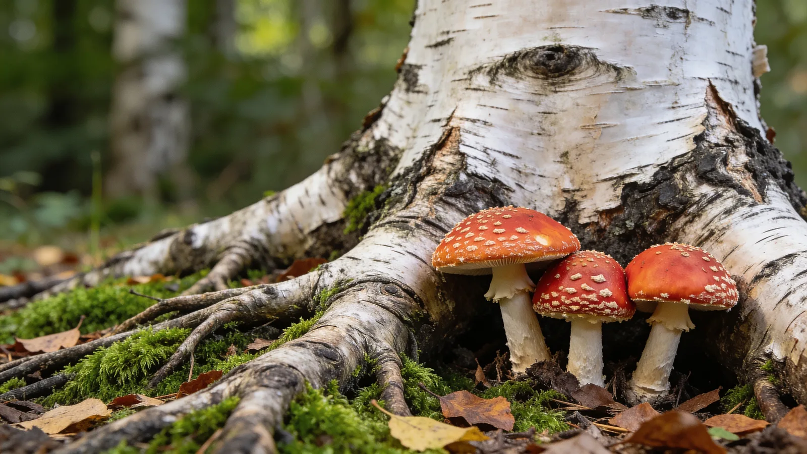 Wild fly agaric mushrooms growing against the exposed roots of a birch, showing why Amanita muscaria cannot be farmed