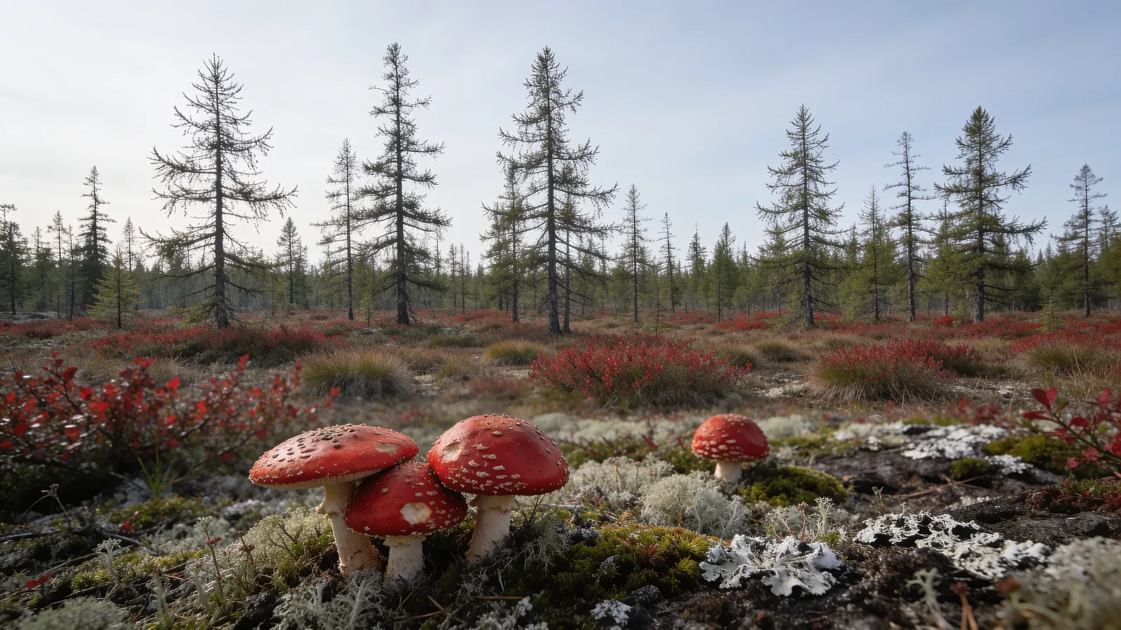 Open Siberian larch taiga in late summer with wild fly agaric mushrooms among the moss and lichen