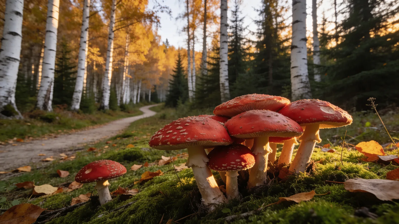 Wild мухомор, Amanita muscaria, in an Eastern European birch and spruce forest in autumn