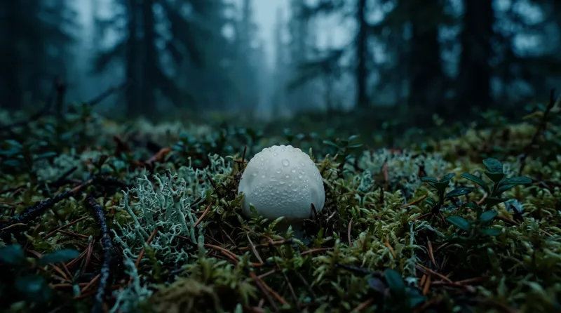 Young wild Amanita muscaria egg stage breaking through moss, Coast Mountains of British Columbia
