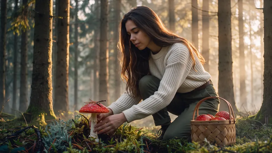 Hand-picking a wild fly agaric mushroom at the base, one cap at a time