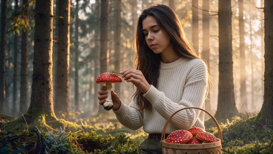 Brushing spruce needles off a fresh Amanita muscaria cap with a soft brush
