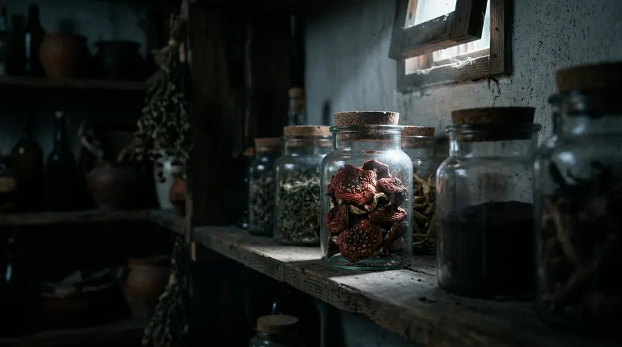 Dried fly agaric caps curing in a cool dark room